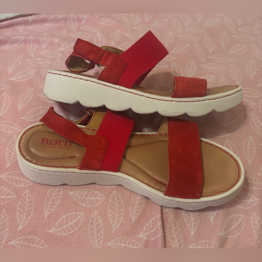 Born Red Suede Elastic-Strap Women's Sandals Worn One Time